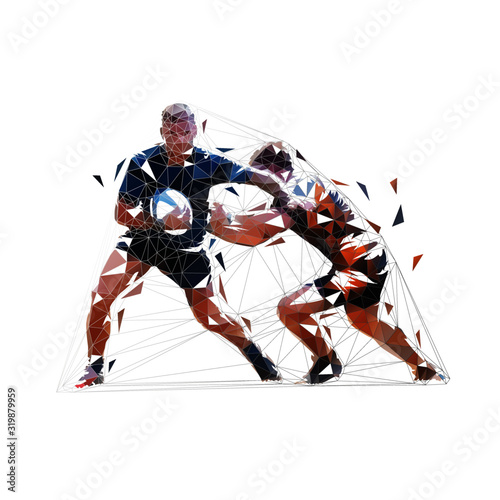 Rugby players, low poly vector illustration. Isolated geometric drawing