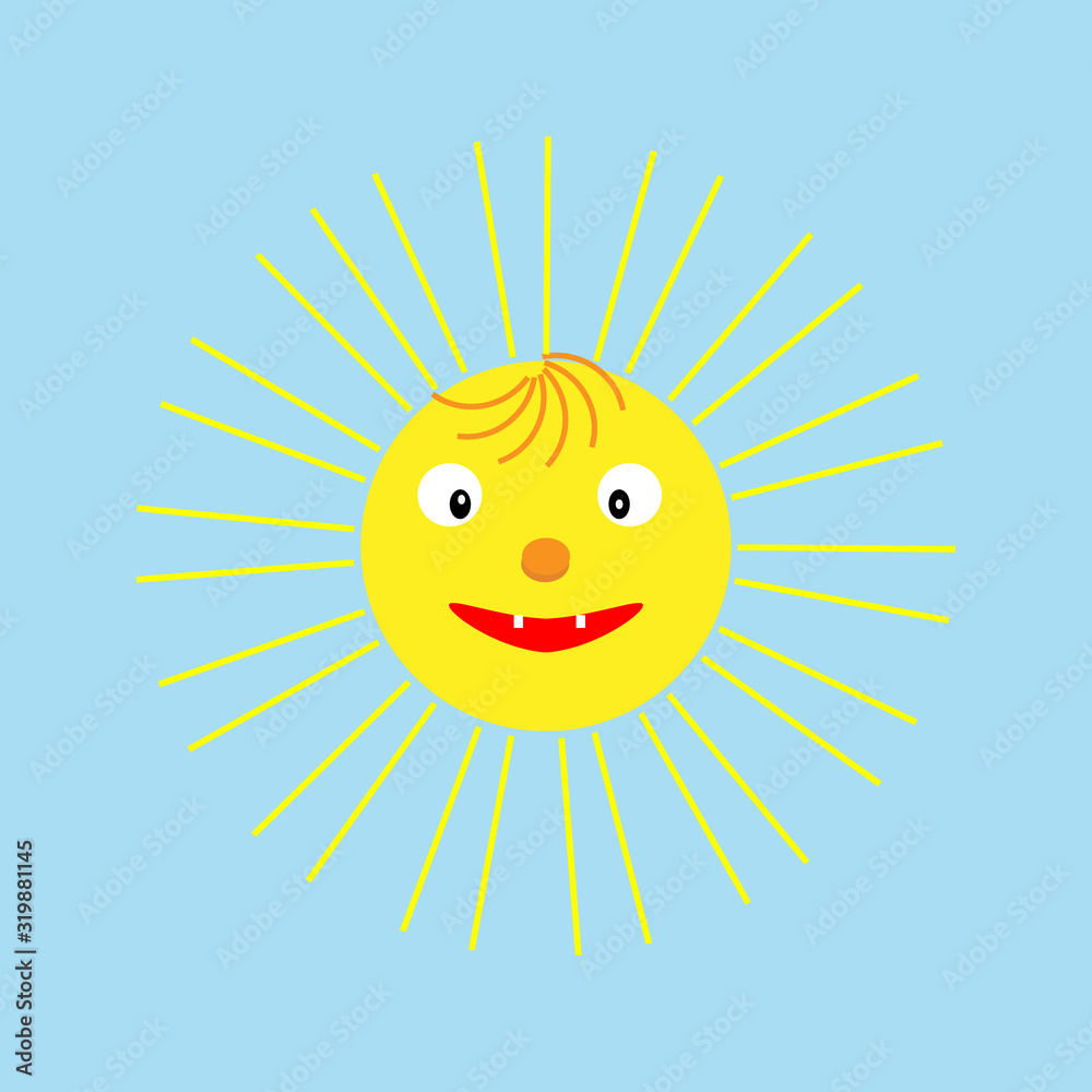 Yellow laughing cartoon sun symbol. Vector illustration, isolated on blue background. Cute smiling sun icon.