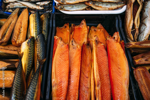 Close-up smoked fish on store shelves photo