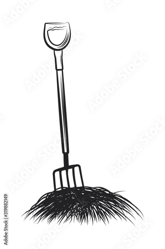 Vector illustration - Pitchfork in manure on a white background.