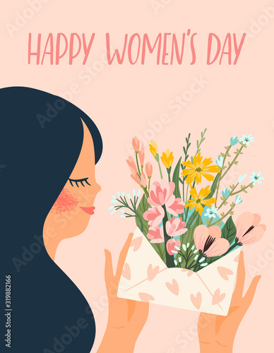 International Women s Day. Vector templates with cute woman