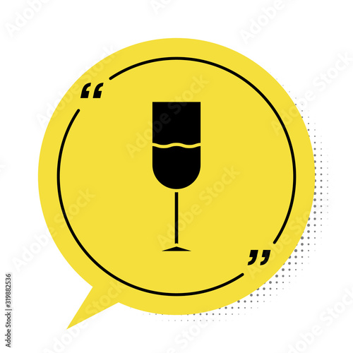 Black Wine glass icon isolated on white background. Wineglass icon. Goblet symbol. Glassware sign. Yellow speech bubble symbol. Vector Illustration
