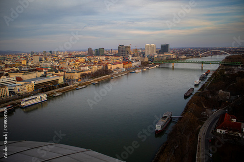 Bratislava, Bratislava / Slovakia - 01 01 2020: Bratislava castle, UFO Observation Deck, Danube on the first day of 2020