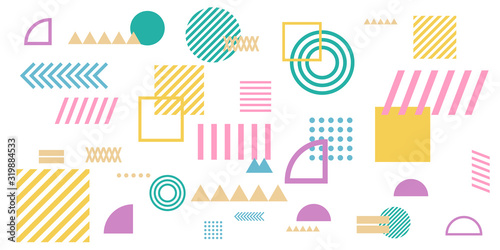 Memphis simple colorful yellow green pink abstract circle line rectangle box arrow cross mountain river pie egypt basic shape background for shirt. Suit for pattern and presentation background.