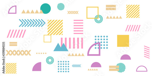 Memphis simple colorful yellow green pink abstract circle line rectangle box arrow cross mountain river pie egypt basic shape background for shirt. Suit for pattern and presentation background.