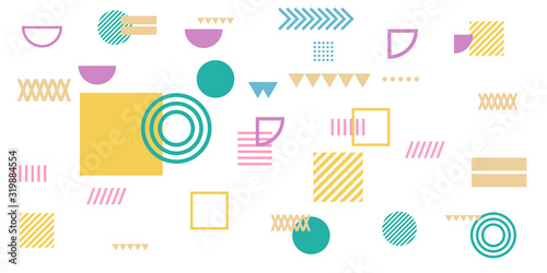 Memphis simple colorful yellow green pink abstract circle line rectangle box arrow cross mountain river pie egypt basic shape background for shirt. Suit for pattern and presentation background.