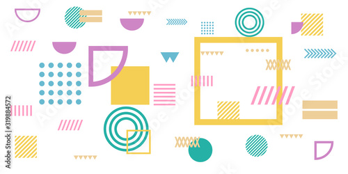 Memphis simple colorful yellow green pink abstract circle line rectangle box arrow cross mountain river pie egypt basic shape background for shirt. Suit for pattern and presentation background.
