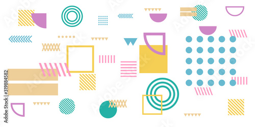Memphis simple colorful yellow green pink abstract circle line rectangle box arrow cross mountain river pie egypt basic shape background for shirt. Suit for pattern and presentation background.