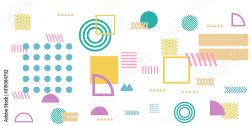 Memphis simple colorful yellow green pink abstract circle line rectangle box arrow cross mountain river pie egypt basic shape background for shirt. Suit for pattern and presentation background.