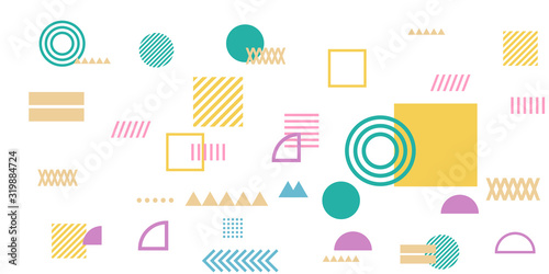 Memphis simple colorful yellow green pink abstract circle line rectangle box arrow cross mountain river pie egypt basic shape background for shirt. Suit for pattern and presentation background.
