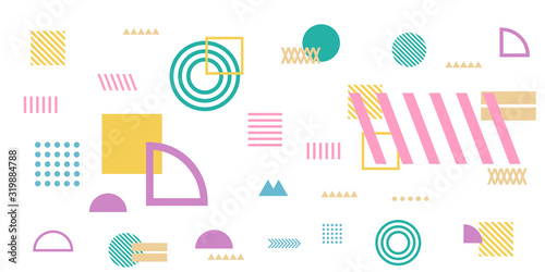 Memphis simple colorful yellow green pink abstract circle line rectangle box arrow cross mountain river pie egypt basic shape background for shirt. Suit for pattern and presentation background.
