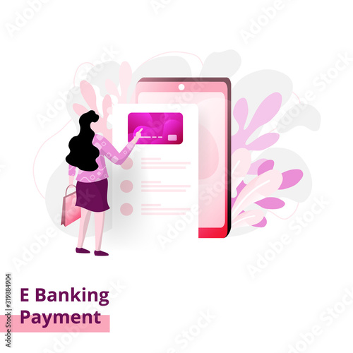 Landing Banking Payment page, the concept of women paying through smartphones, can be used for landing pages, web, UI, banners, templates, backgrounds, flayer, posters. photo