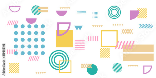Memphis simple colorful yellow green pink abstract circle line rectangle box arrow cross mountain river pie egypt basic shape background for shirt. Suit for pattern and presentation background.