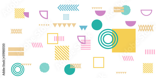Memphis simple colorful yellow green pink abstract circle line rectangle box arrow cross mountain river pie egypt basic shape background for shirt. Suit for pattern and presentation background.
