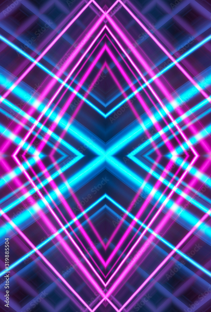 Obraz premium Dark background, blue and pink neon lines. Symmetric reflection of geometric shapes. Rays and lines, abstract light.