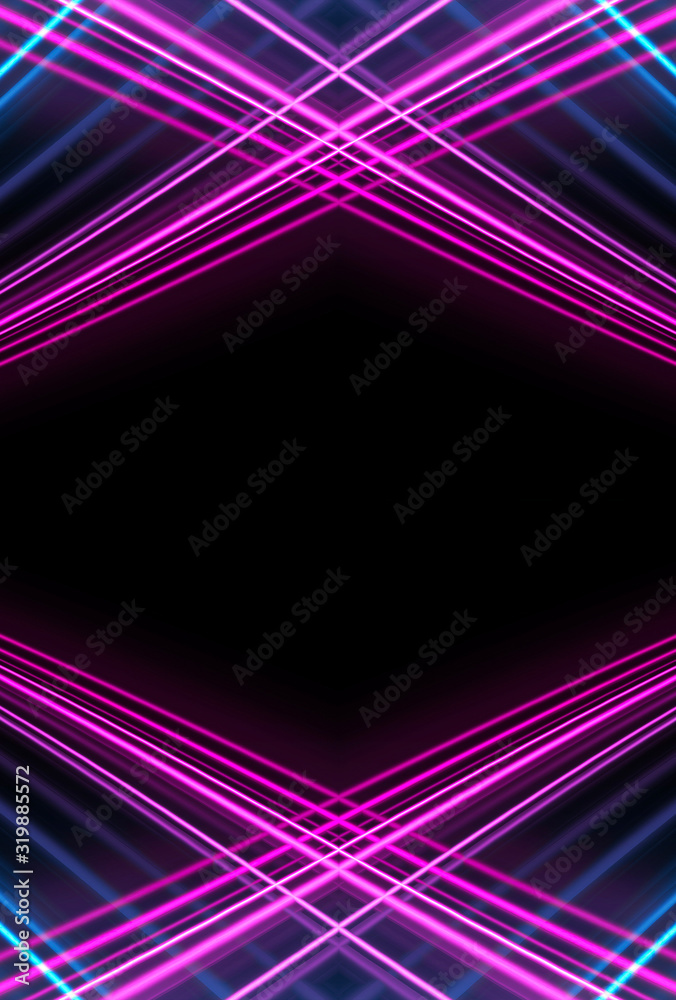Fototapeta premium Dark background, blue and pink neon lines. Symmetric reflection of geometric shapes. Rays and lines, abstract light.
