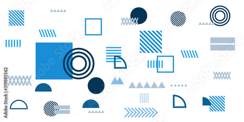 Memphis simple blue abstract circle line rectangle box arrow cross mountain river pie egypt basic shape background for shirt. Suit for pattern and presentation background.