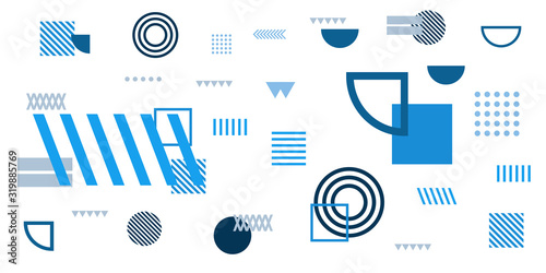 Memphis simple blue abstract circle line rectangle box arrow cross mountain river pie egypt basic shape background for shirt. Suit for pattern and presentation background.