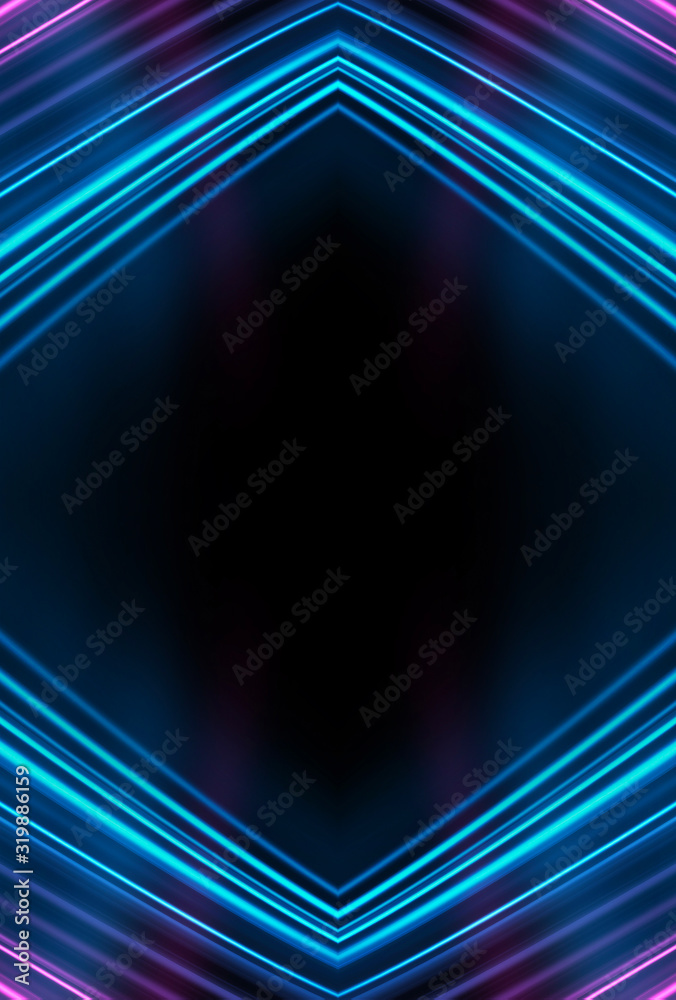 Fototapeta premium Dark background, blue and pink neon lines. Symmetric reflection of geometric shapes. Rays and lines, abstract light.