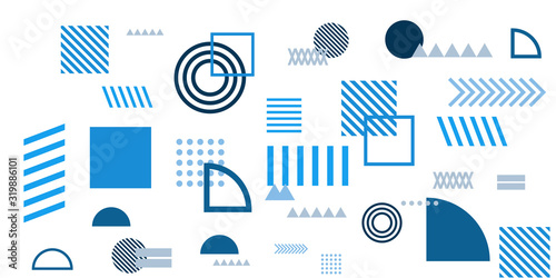 Memphis simple blue abstract circle line rectangle box arrow cross mountain river pie egypt basic shape background for shirt. Suit for pattern and presentation background.