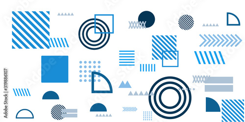 Memphis simple blue abstract circle line rectangle box arrow cross mountain river pie egypt basic shape background for shirt. Suit for pattern and presentation background.