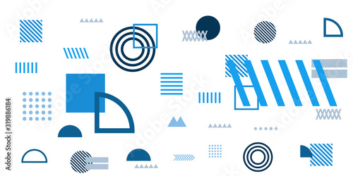 Memphis simple blue abstract circle line rectangle box arrow cross mountain river pie egypt basic shape background for shirt. Suit for pattern and presentation background.