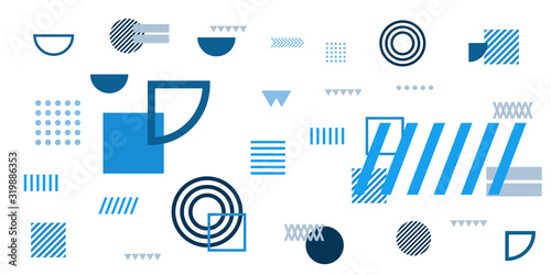 Memphis simple blue abstract circle line rectangle box arrow cross mountain river pie egypt basic shape background for shirt. Suit for pattern and presentation background.