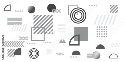 Memphis simple black white greyscale abstract circle line rectangle box arrow cross mountain river pie egypt basic shape background for shirt. Suit for pattern and presentation background.