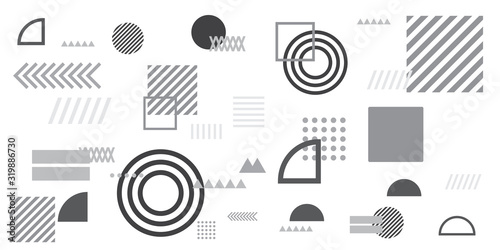 Memphis simple black white greyscale abstract circle line rectangle box arrow cross mountain river pie egypt basic shape background for shirt. Suit for pattern and presentation background.
