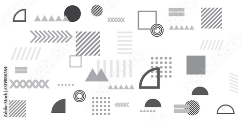 Memphis simple black white greyscale abstract circle line rectangle box arrow cross mountain river pie egypt basic shape background for shirt. Suit for pattern and presentation background.