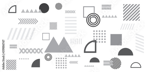 Memphis simple black white greyscale abstract circle line rectangle box arrow cross mountain river pie egypt basic shape background for shirt. Suit for pattern and presentation background.