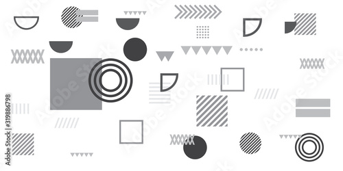 Memphis simple black white greyscale abstract circle line rectangle box arrow cross mountain river pie egypt basic shape background for shirt. Suit for pattern and presentation background.