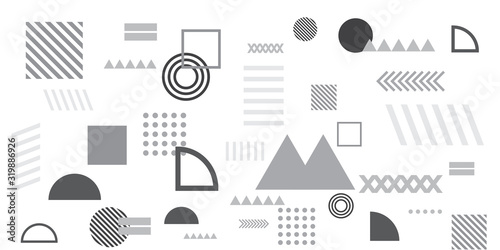 Memphis simple black white greyscale abstract circle line rectangle box arrow cross mountain river pie egypt basic shape background for shirt. Suit for pattern and presentation background.