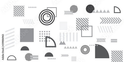 Memphis simple black white greyscale abstract circle line rectangle box arrow cross mountain river pie egypt basic shape background for shirt. Suit for pattern and presentation background.