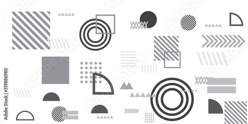 Memphis simple black white greyscale abstract circle line rectangle box arrow cross mountain river pie egypt basic shape background for shirt. Suit for pattern and presentation background.