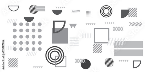 Memphis simple black white greyscale abstract circle line rectangle box arrow cross mountain river pie egypt basic shape background for shirt. Suit for pattern and presentation background.
