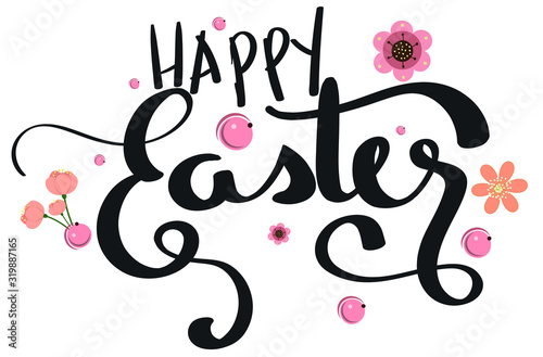 Happy Easter text vector with flowers. Illustration Easter handwritten