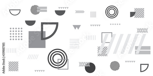 Memphis simple black white greyscale abstract circle line rectangle box arrow cross mountain river pie egypt basic shape background for shirt. Suit for pattern and presentation background.