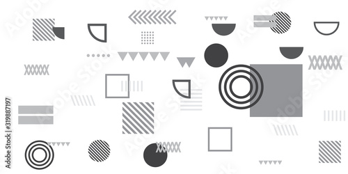 Memphis simple black white greyscale abstract circle line rectangle box arrow cross mountain river pie egypt basic shape background for shirt. Suit for pattern and presentation background.