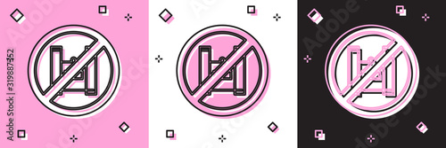 Set Say no to plastic bags poster icon isolated on pink and white, black background. Disposable cellophane and polythene package prohibition sign. Vector Illustration