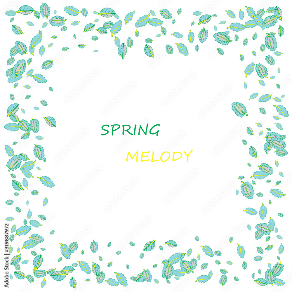 Melody of spring, green leaves frame on a white background. A fresh design idea with a bright element to draw attention to your message.