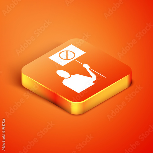 Isometric Nature saving protest icon isolated on orange background. Earth planet protection, environmental issues demonstration. Vector Illustration
