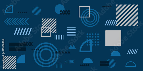Memphis simple blue abstract circle line rectangle box arrow cross mountain river pie egypt basic shape background for shirt. Suit for pattern and presentation background.