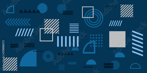 Memphis simple blue abstract circle line rectangle box arrow cross mountain river pie egypt basic shape background for shirt. Suit for pattern and presentation background.