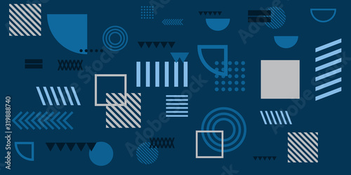 Memphis simple blue abstract circle line rectangle box arrow cross mountain river pie egypt basic shape background for shirt. Suit for pattern and presentation background.