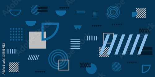 Memphis simple blue abstract circle line rectangle box arrow cross mountain river pie egypt basic shape background for shirt. Suit for pattern and presentation background.