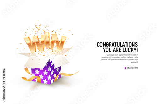 Open textured violet box with confetti explosion inside and win gold word on white background. Gambling vector banner. Click to get your prizes