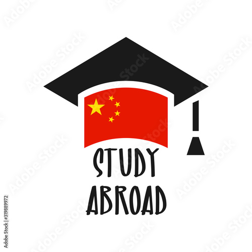 Graduate cap with stylized China red flag. Education vector illustration. Educate chinese icon. Font STUDY ABROAD