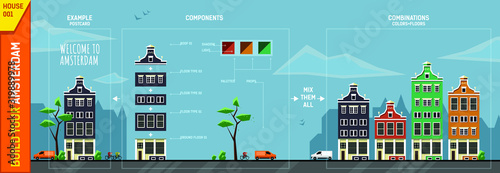 Amsterdam house constructor. Front view. Contains tree, bushes, car, bike rider and color palettes. Use module elements to build your own design of poster, banner, postcard, etc.