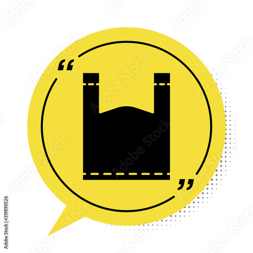 Black Plastic bag icon isolated on white background. Disposable cellophane and polythene package prohibition sign. Yellow speech bubble symbol. Vector Illustration